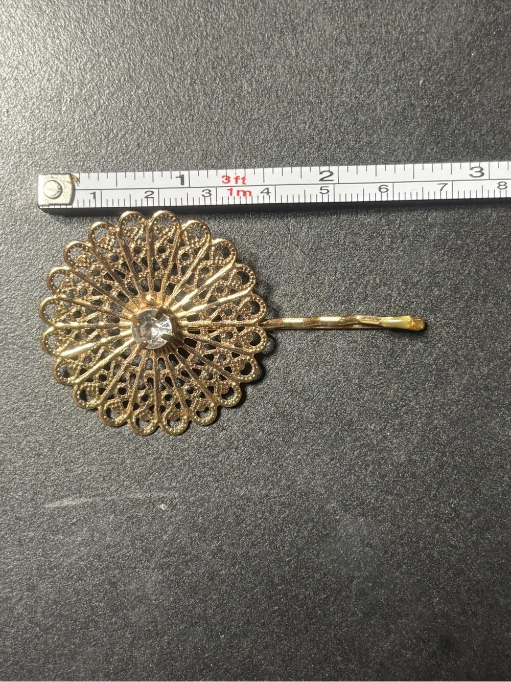 Unique Vintage Gold Filigree Floral Hair Pin with Rhinestone Center